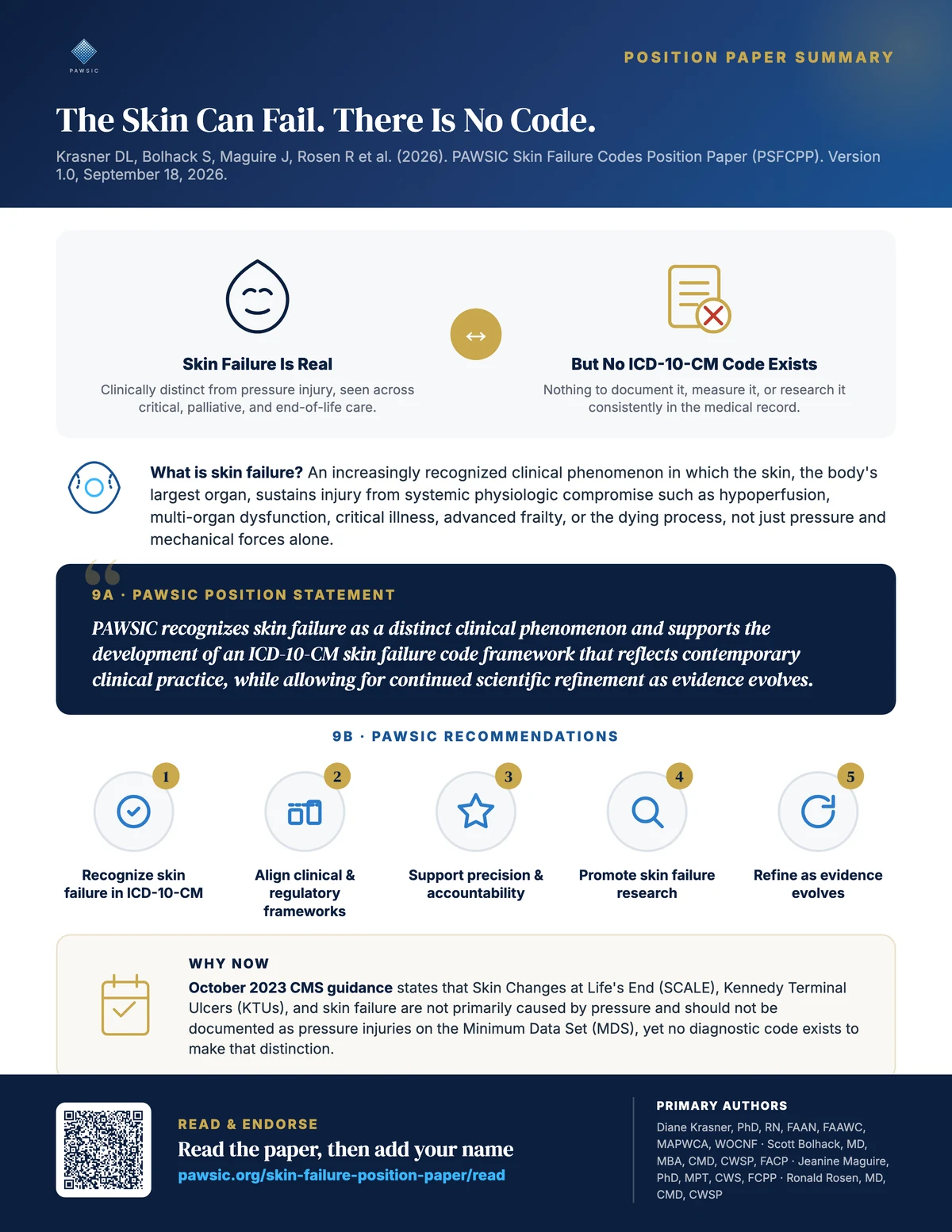 One-page PAWSIC Skin Failure Codes Position Paper infographic: skin failure is real but no ICD-10-CM code exists, the PAWSIC position statement, five recommendations, and why now.