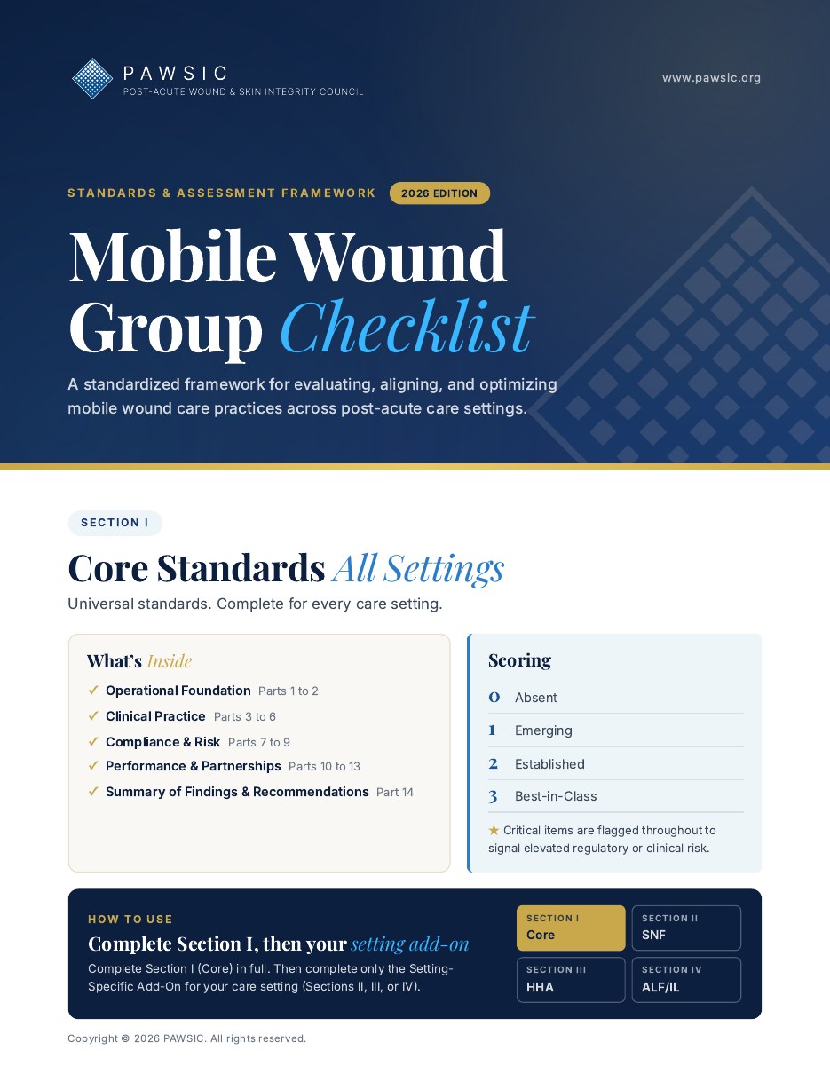 Cover of the PAWSIC Mobile Wound Group Checklist 2026, Section I: Core Standards